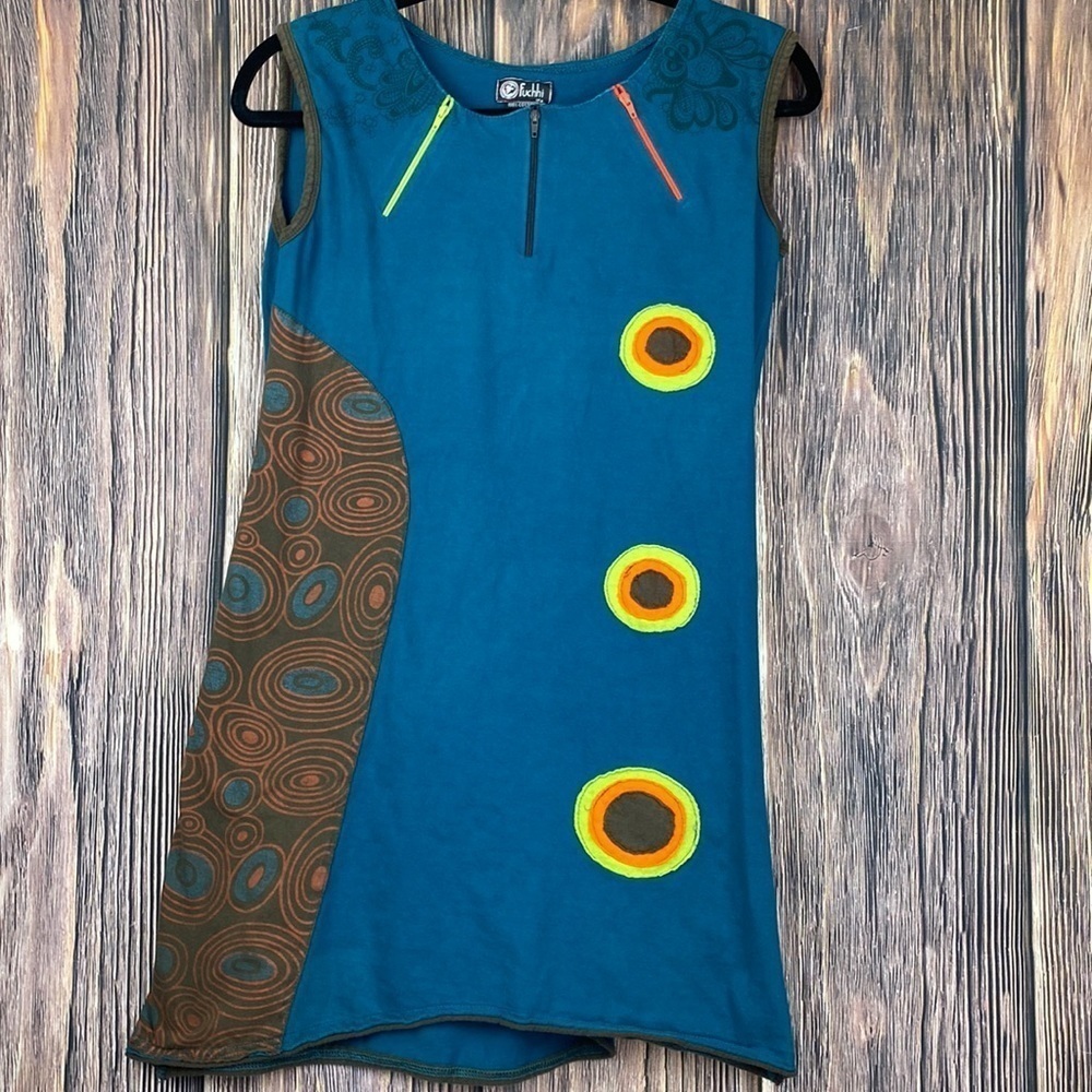 Fuchhi 💯 Cotton Blue Tunic With Zippers & Circular Print Details- Size Med